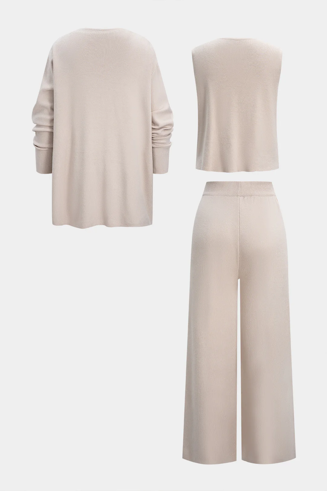 Knit Button Vest And Long Cardigan And Wide Leg Pants Set - Image 2