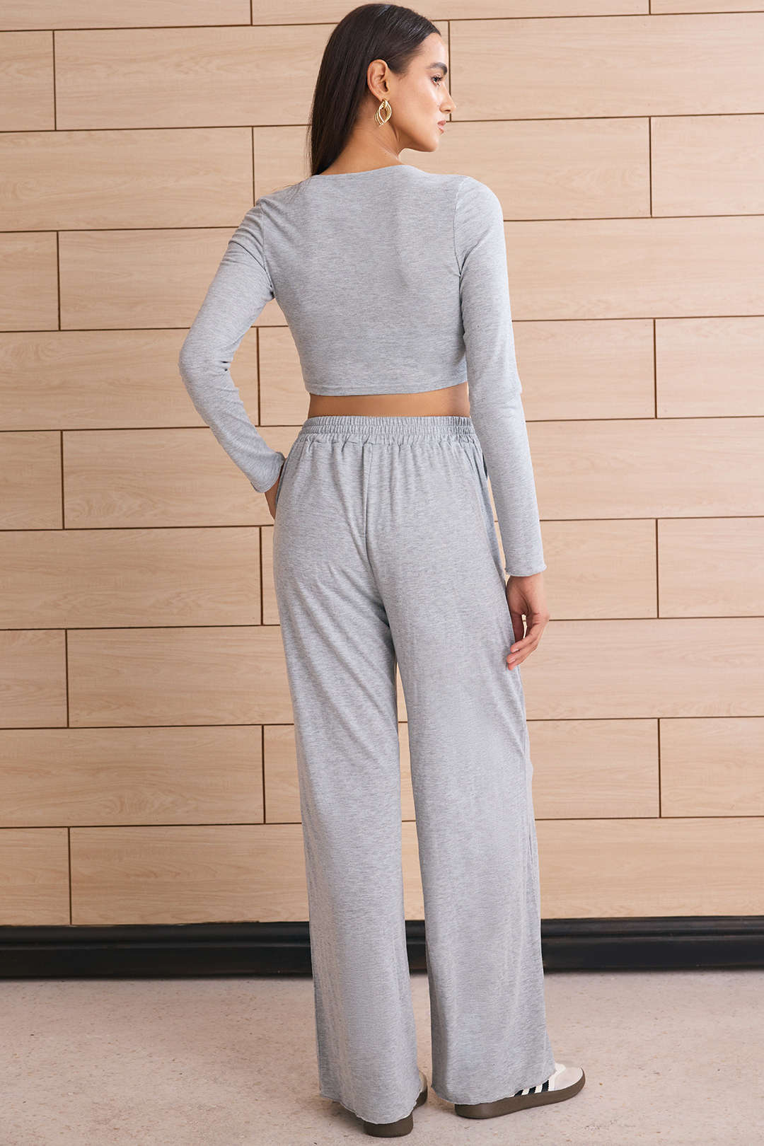 Round Neck Button Long Sleeve Top And Shirred Straight Leg Pants Set - Image 6