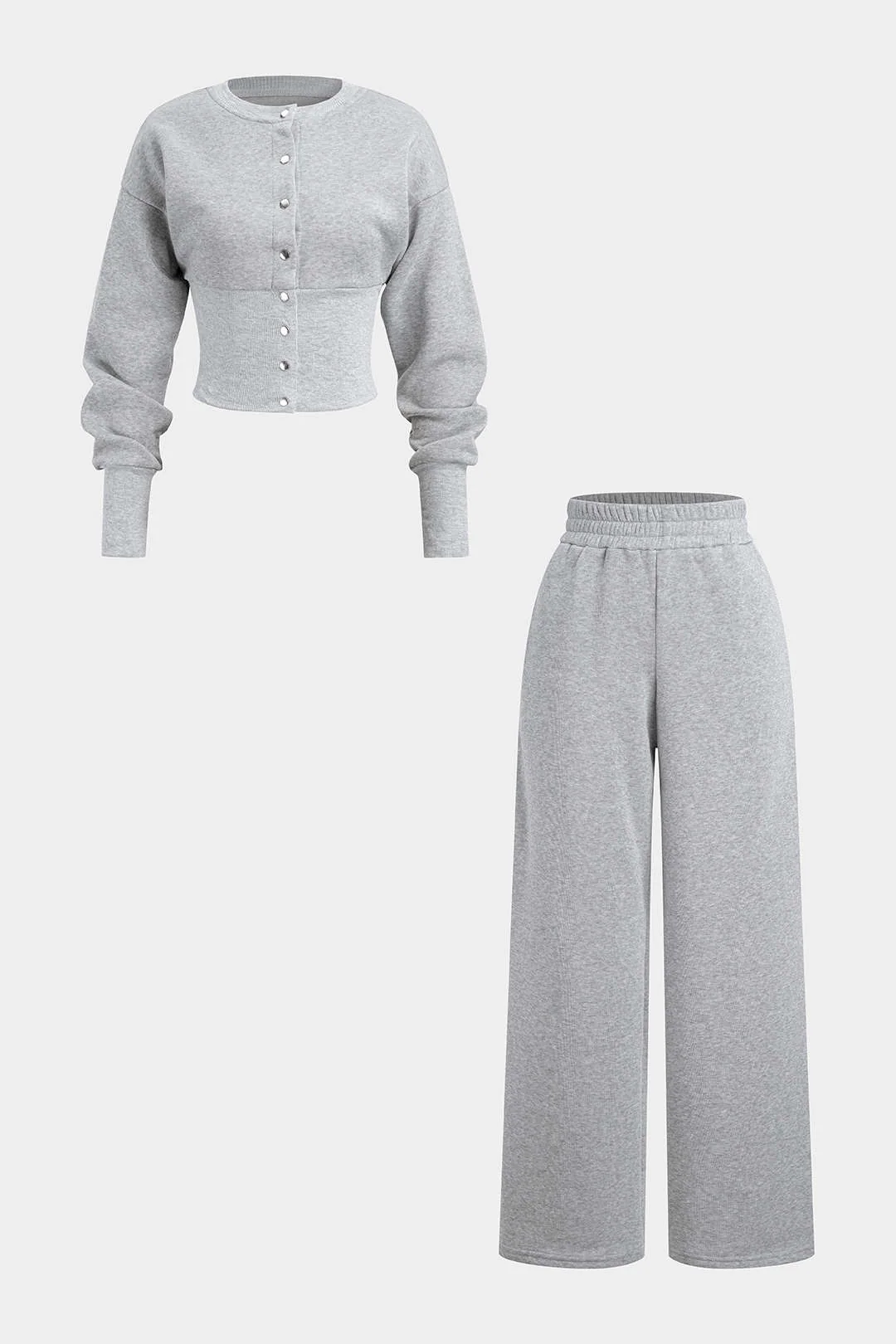 Solid Button Long-Sleeve Top And Shirred Waistband Pants Set