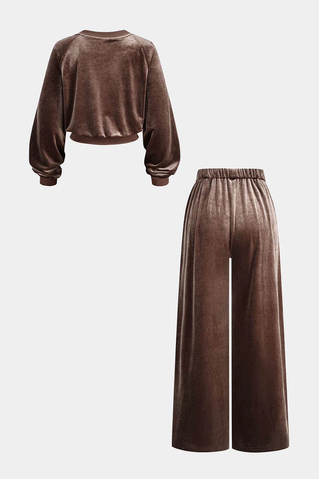 Velvet Patchwork V-Neck Long Sleeve Top And Shirred Waistband Wide-Leg Pants Set - Image 2