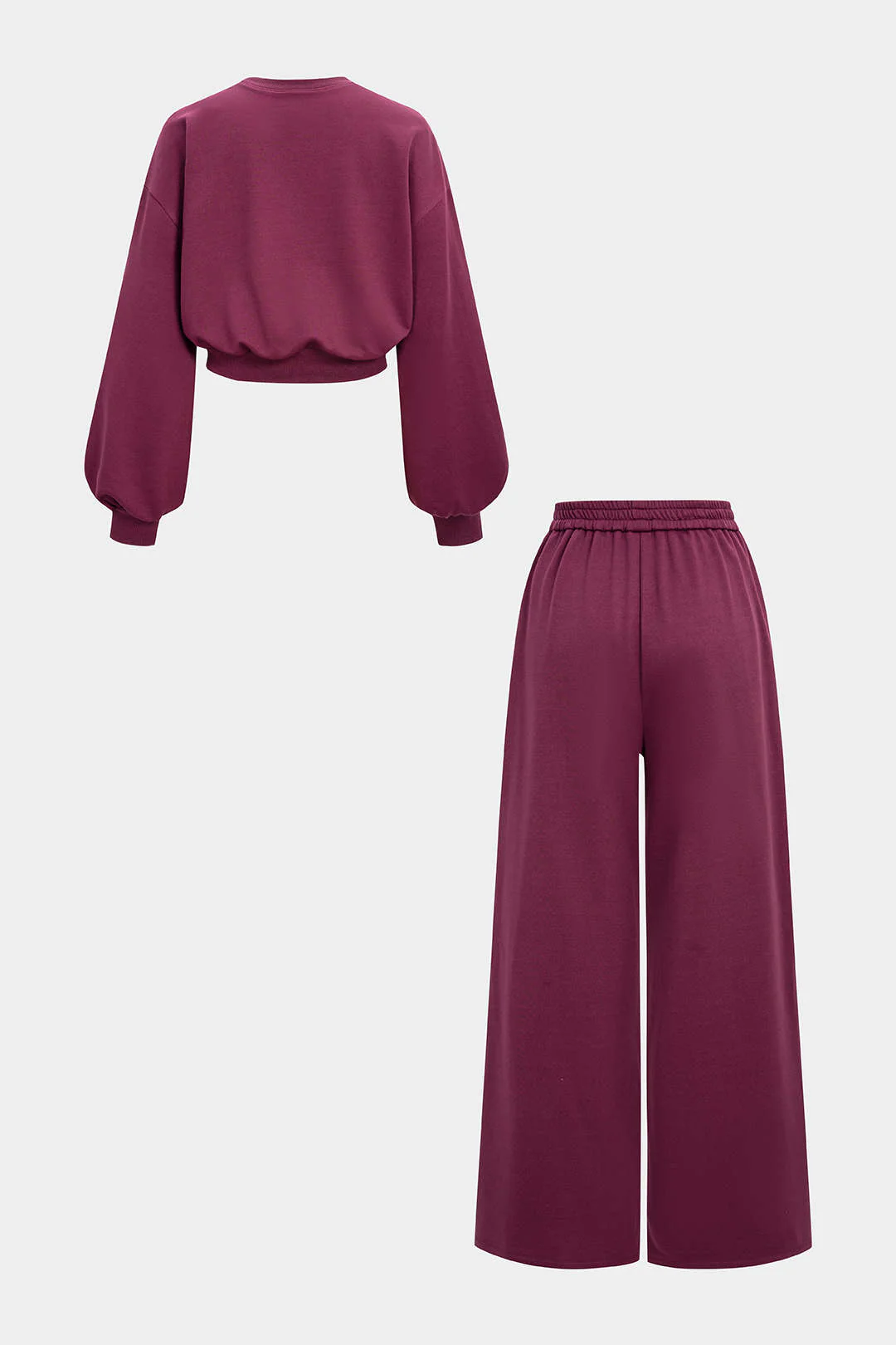 Solid Ruched Long Sleeve Top And Shirred Waistband Wide Leg Pants Set - Image 2