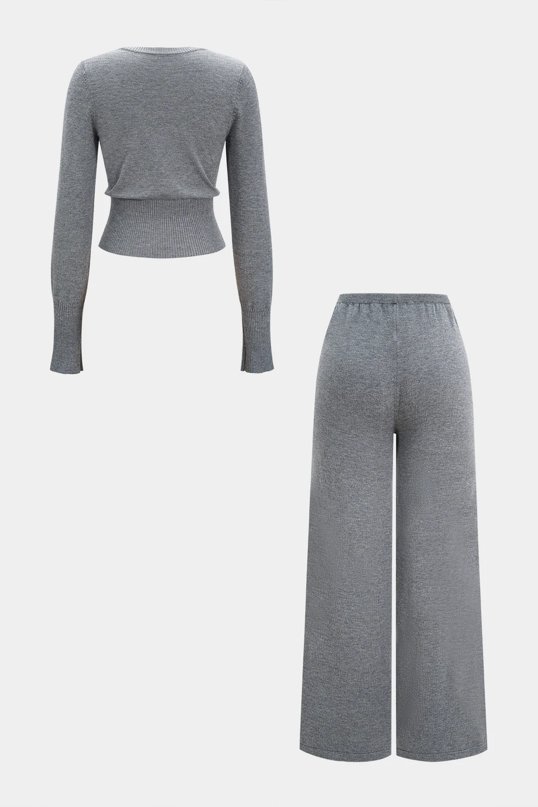 Knit Round Neck Button Cardigan And Tie-Up Wide Leg Pants Set - Image 2