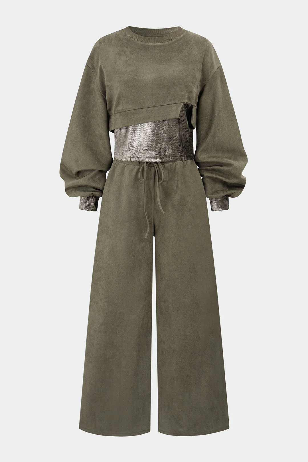 Snake Skin Print Suede Asymmetrical Sweatshirt And Drawstring Wide Leg Pants Set - Image 2