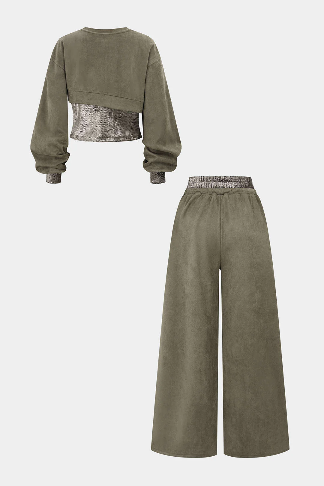 Snake Skin Print Suede Asymmetrical Sweatshirt And Drawstring Wide Leg Pants Set - Image 3
