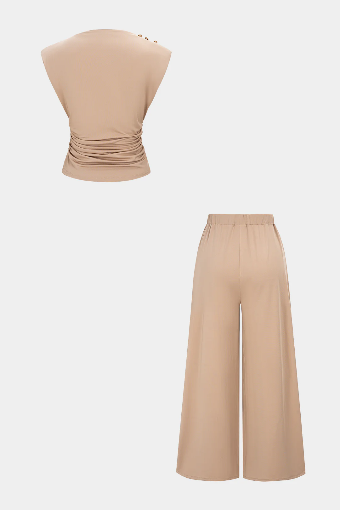 Solid Ruched Tank Top And Wide Leg Pants Set - Image 2
