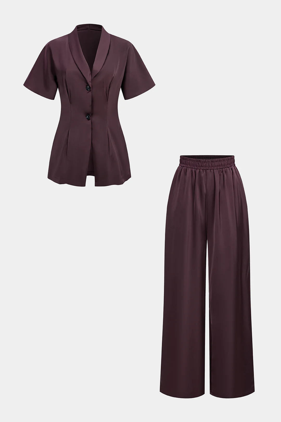 Satin V-Neck Short-Sleeve Top And High-Waist Wide-Leg Pants Set