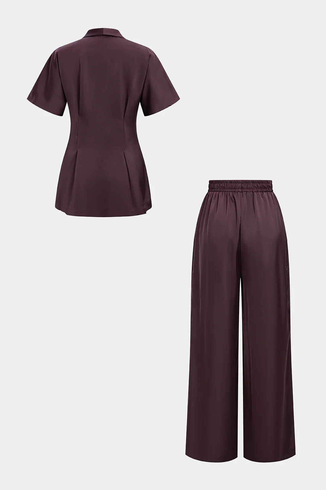 Satin V-Neck Short-Sleeve Top And High-Waist Wide-Leg Pants Set - Image 2