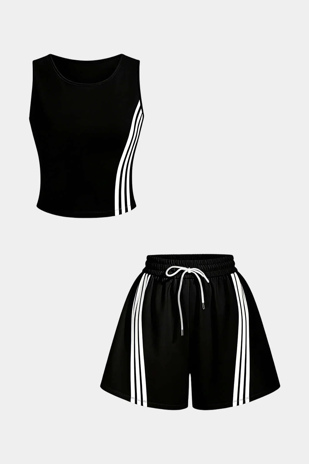 Contrast Striped Round Neck Sleeveless Tank Top And Drawstring Wide Leg Shorts Set - Image 5