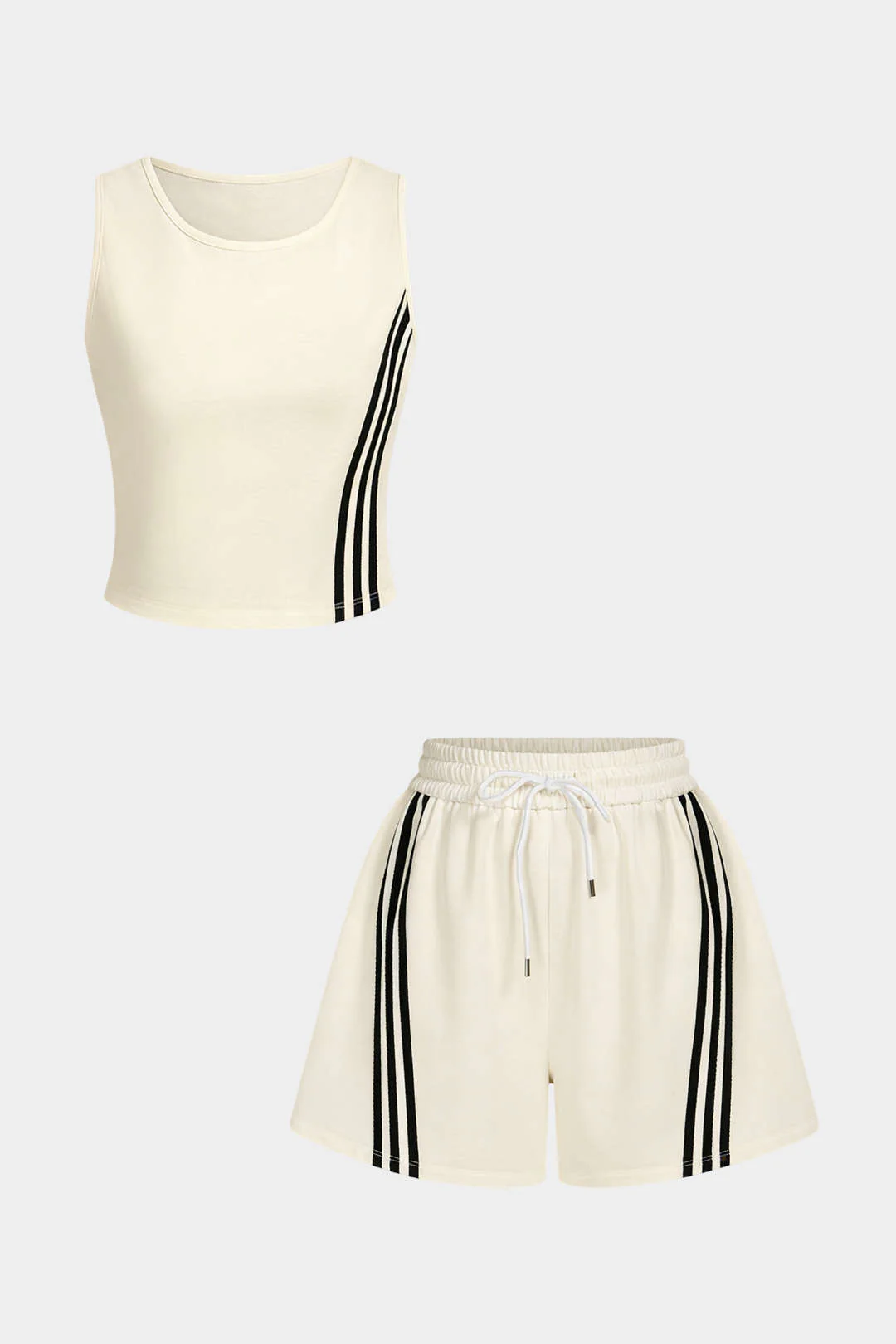 Contrast Striped Round Neck Sleeveless Tank Top And Drawstring Wide Leg Shorts Set - Image 8
