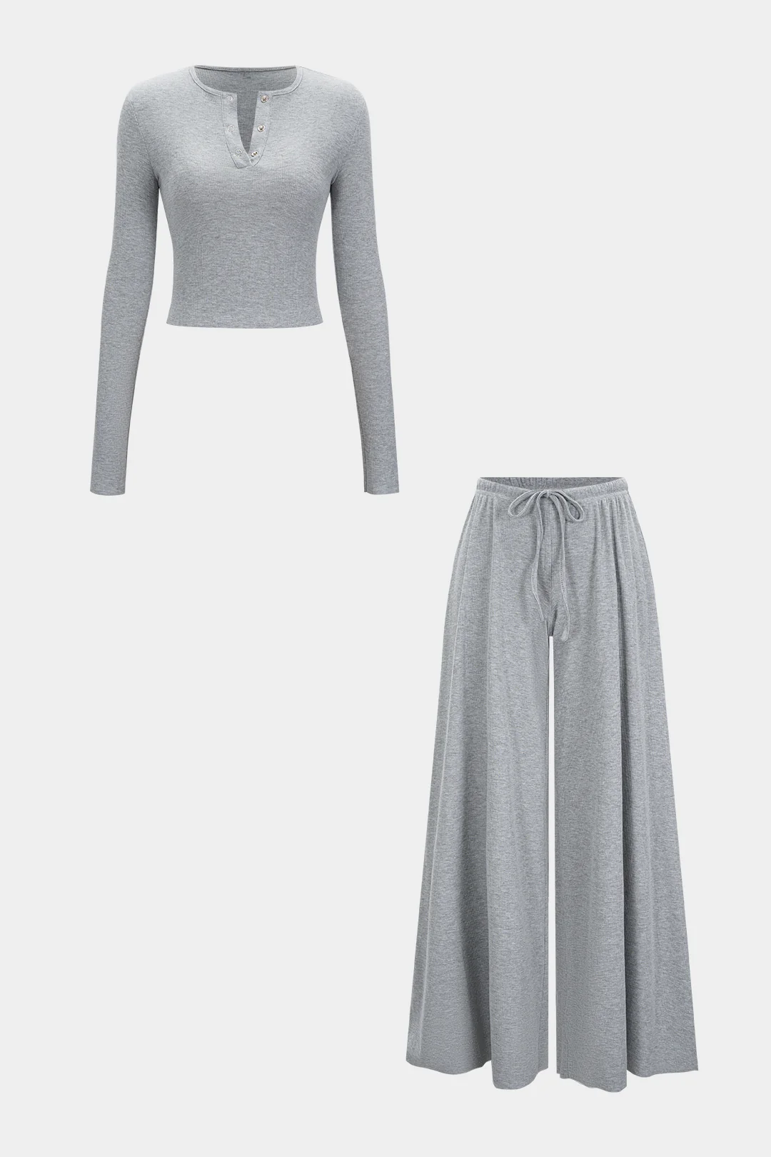 Solid Button Long-Sleeve Top And Drawstring Wide-Leg Pants Set