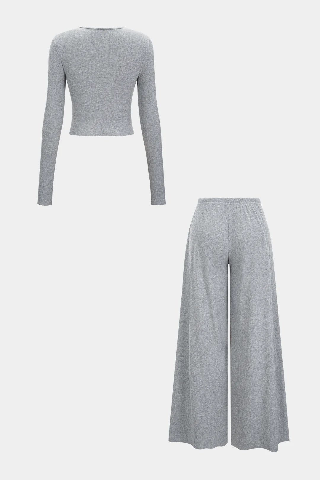 Solid Button Long-Sleeve Top And Drawstring Wide-Leg Pants Set - Image 2