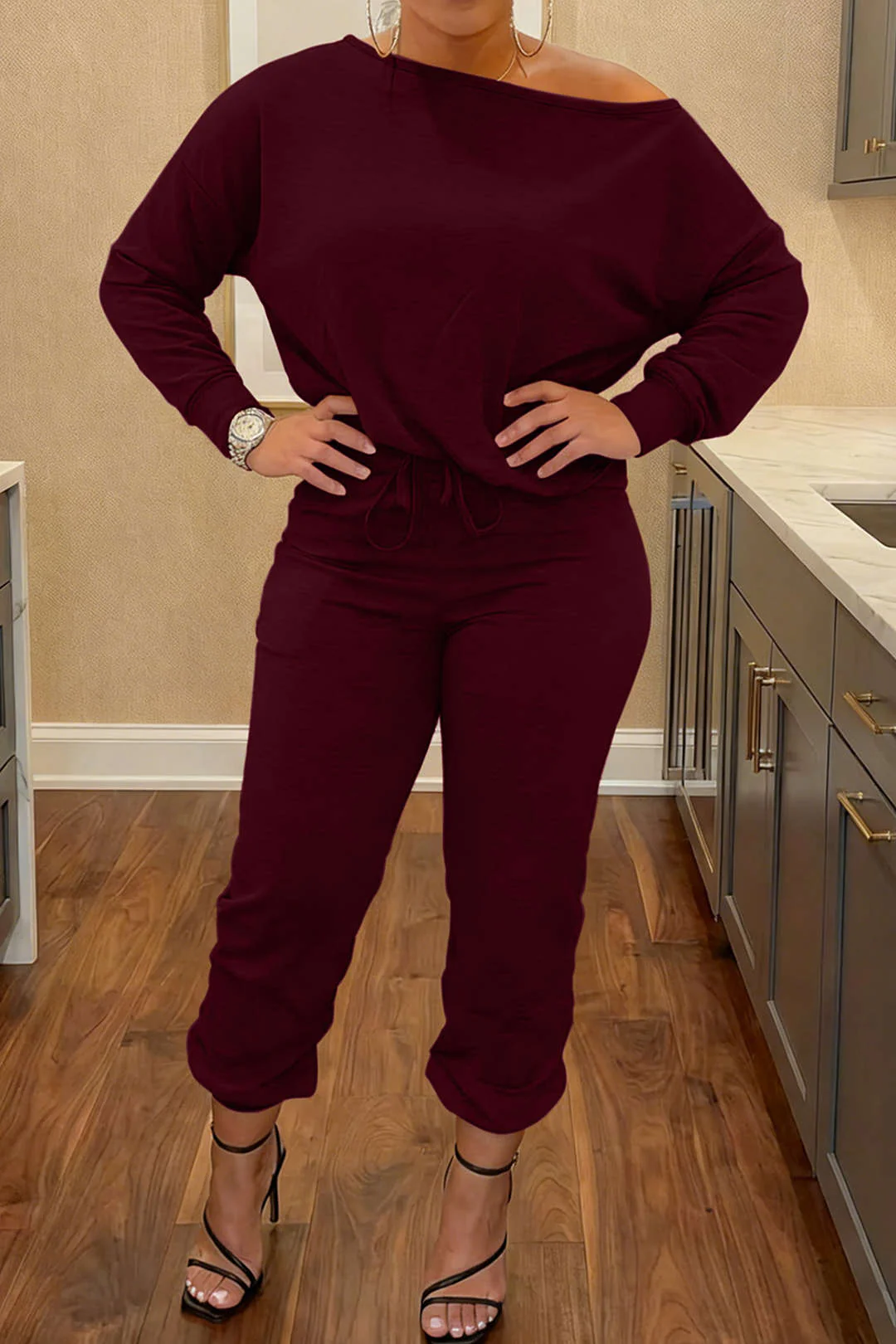 Plus Size Off-Shoulder Long-Sleeve Top And Drawstring Pants Set - Image 2