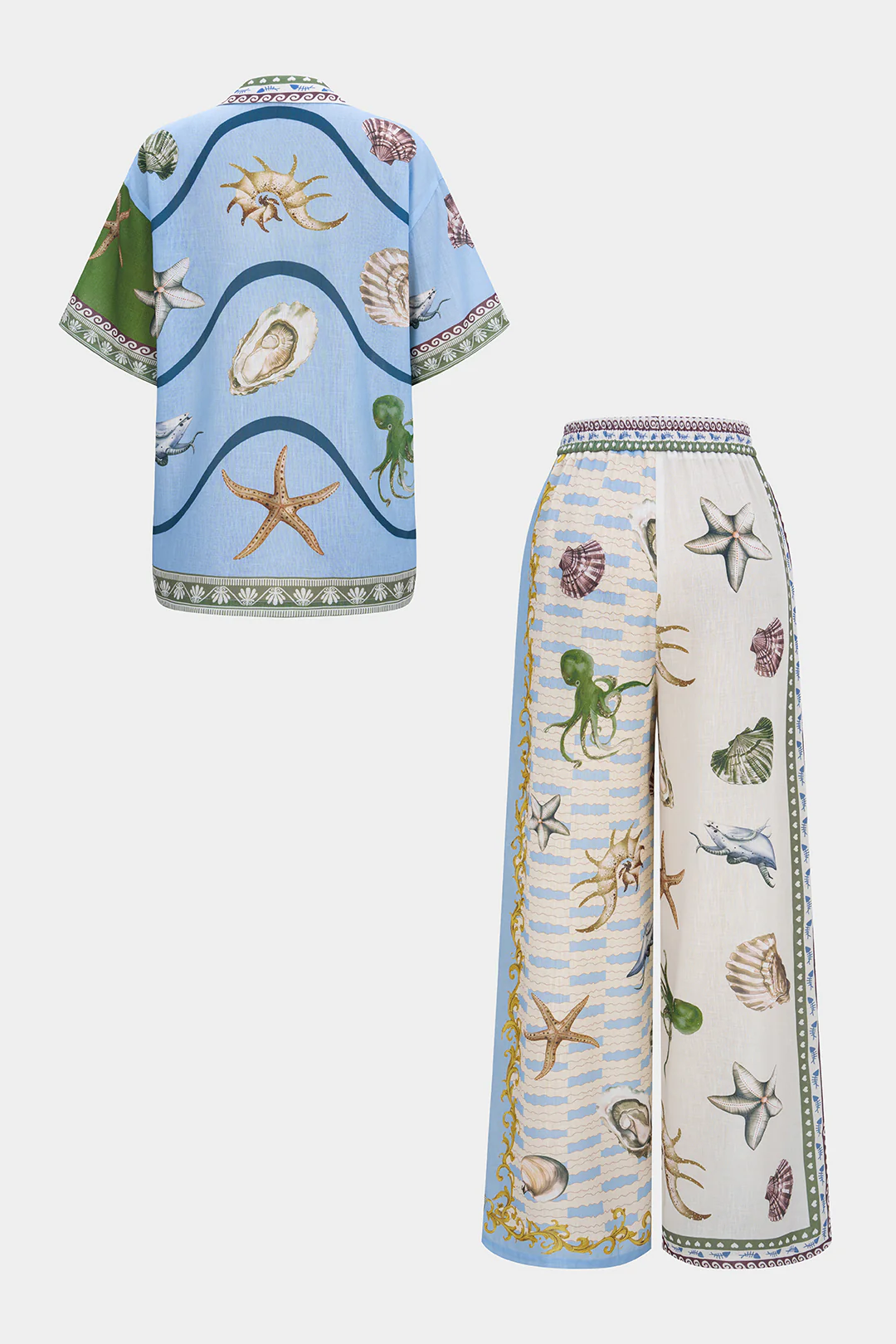Ocean Print Satin Button Short Sleeve Shirt And Shirred Waistband Wide Leg Pants Set - Image 7