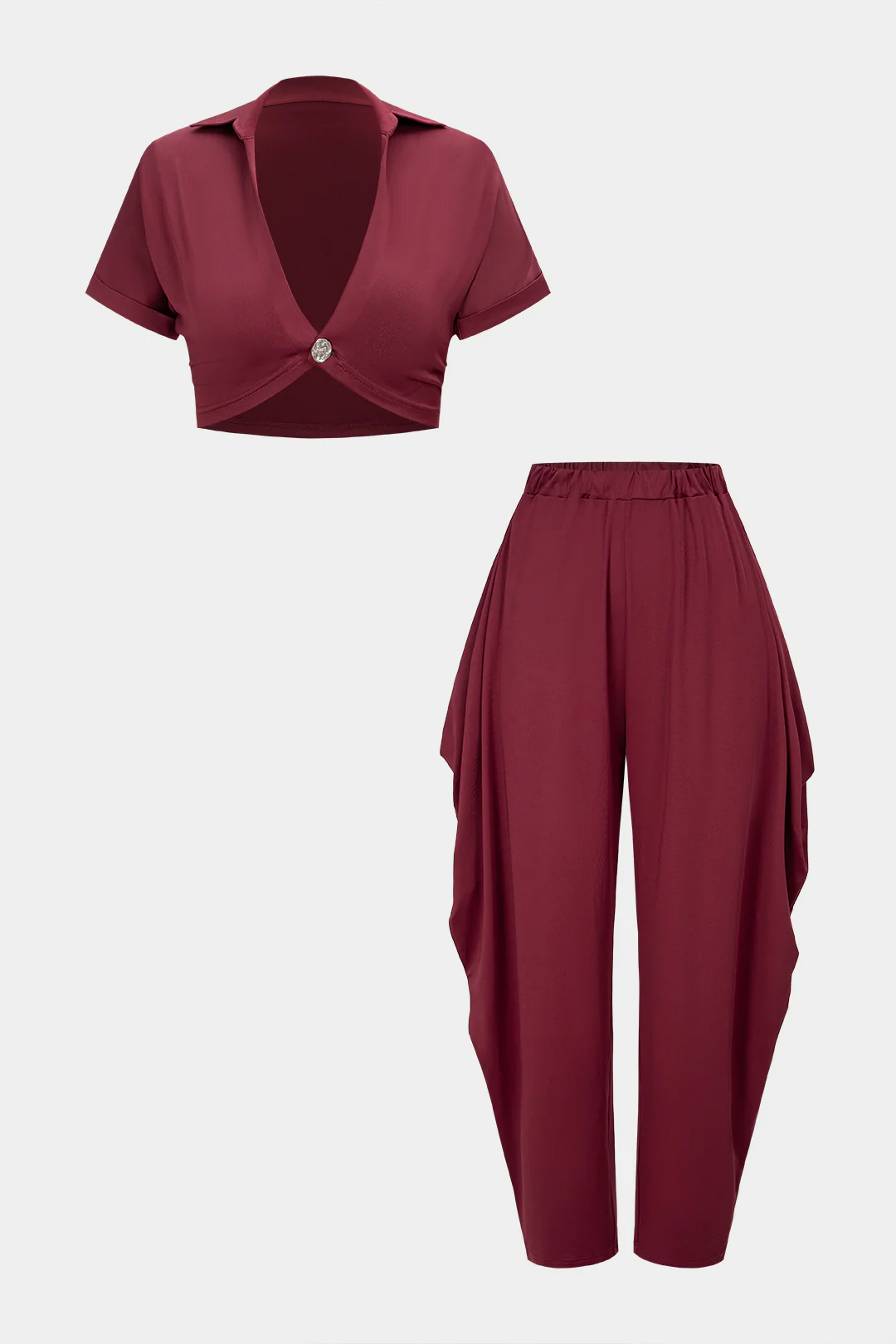 V-Neck Cropped Short-Sleeve Top And Ruched Lantern Pants Set
