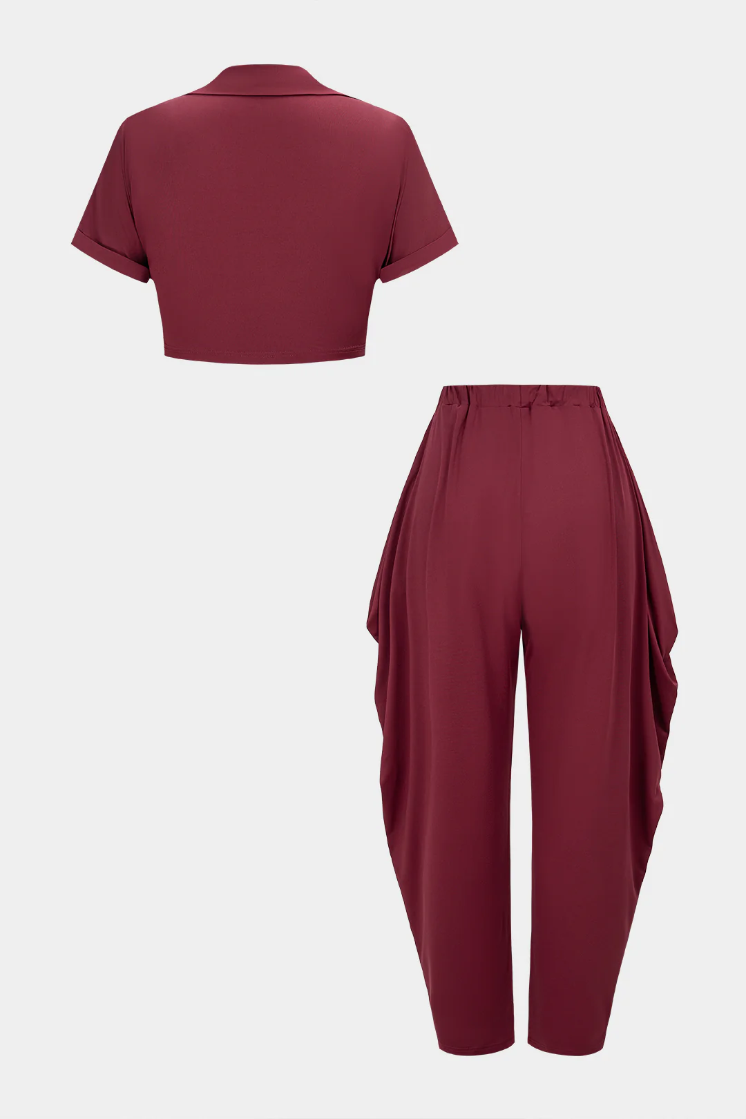 V-Neck Cropped Short-Sleeve Top And Ruched Lantern Pants Set - Image 2