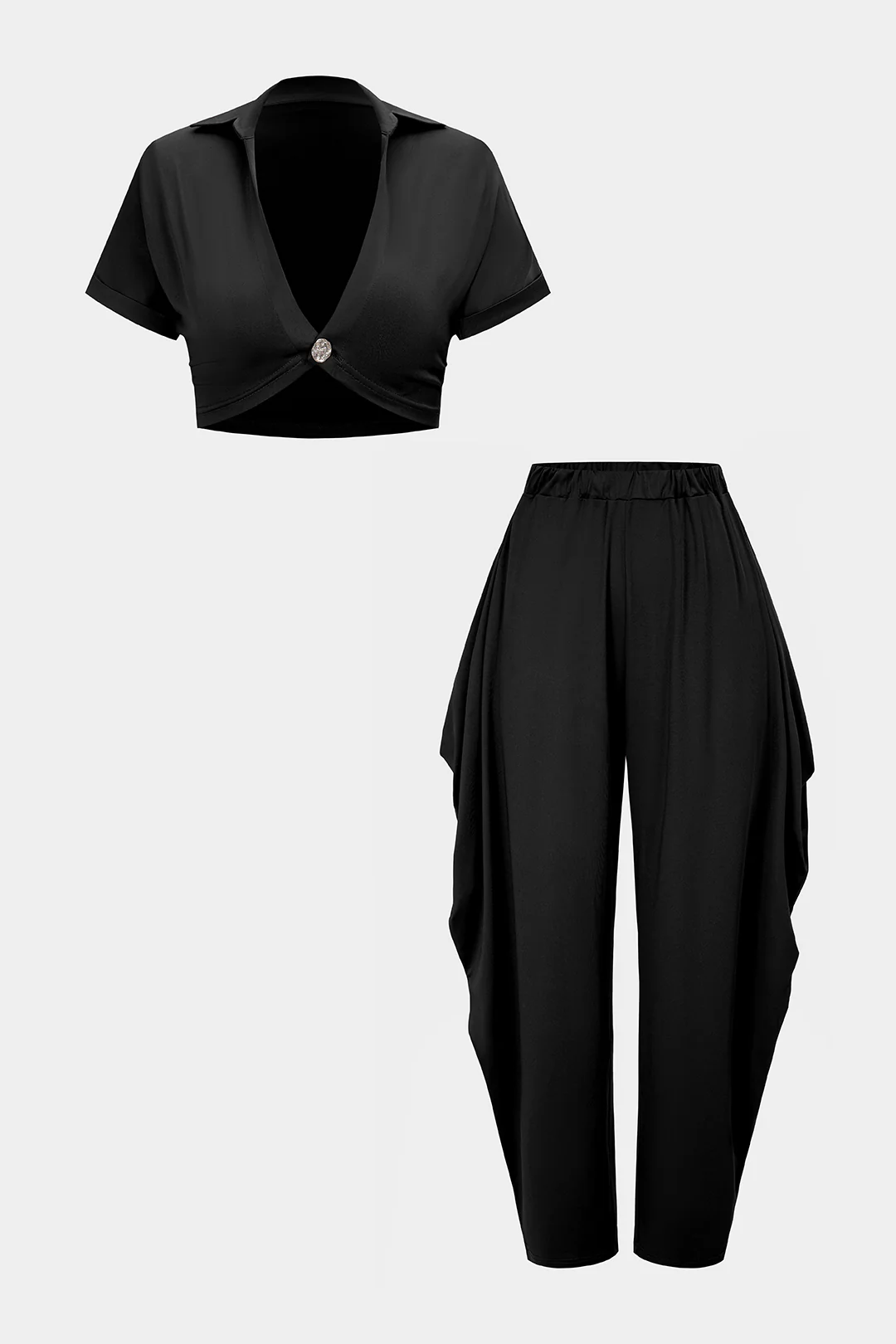 V-Neck Cropped Short-Sleeve Top And Ruched Lantern Pants Set - Image 6