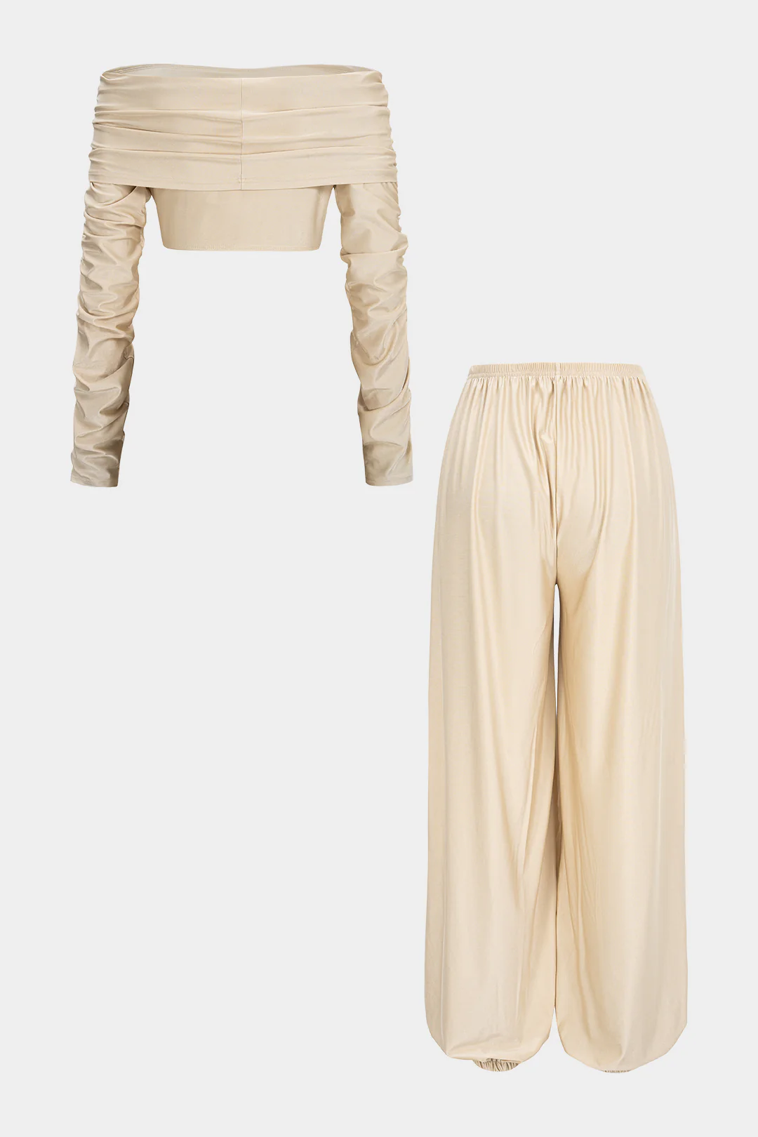 Ruched Off Shoulder Long Sleeve Cropped Top And High Waist Lantern Pants Set - Image 2