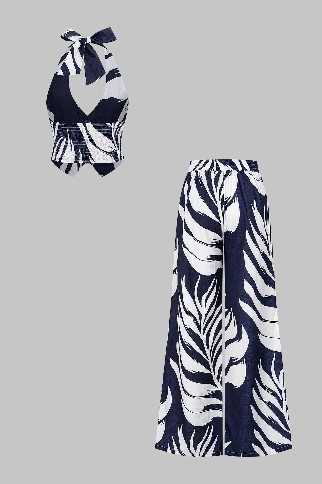 Contrast Leaves Print Halter V-Neck Tie-Up Top And Wide Leg Pants Set - Image 2