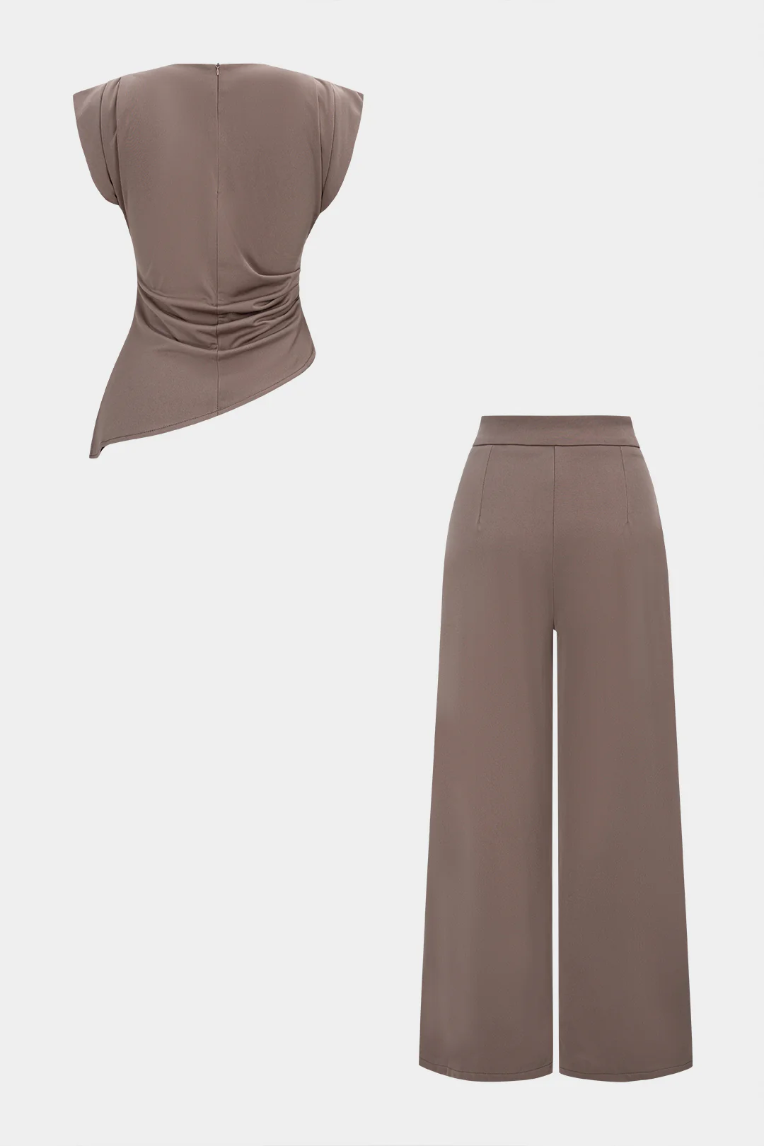 Solid Round Neck Ruched Tank Top And High Waist Wide Pants Set - Image 2