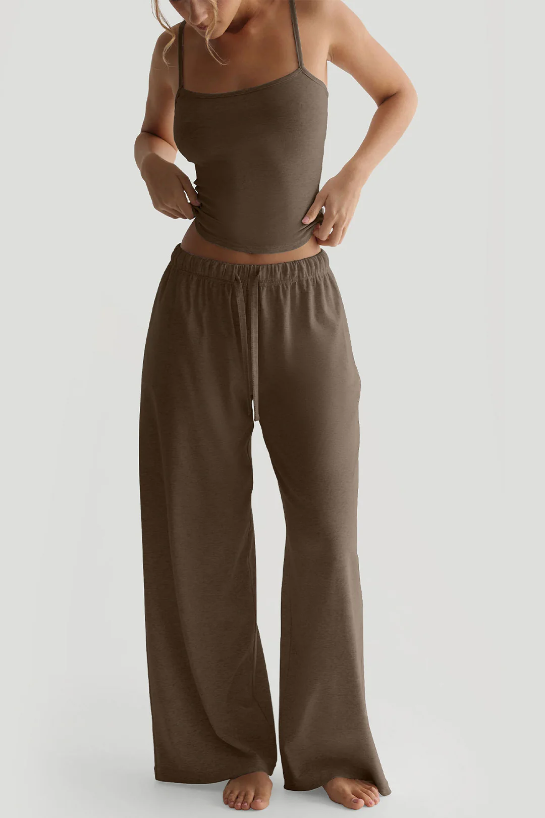 Solid Basic Cropped Cami Top And Drawstring Wide Leg Pants Set - Image 6
