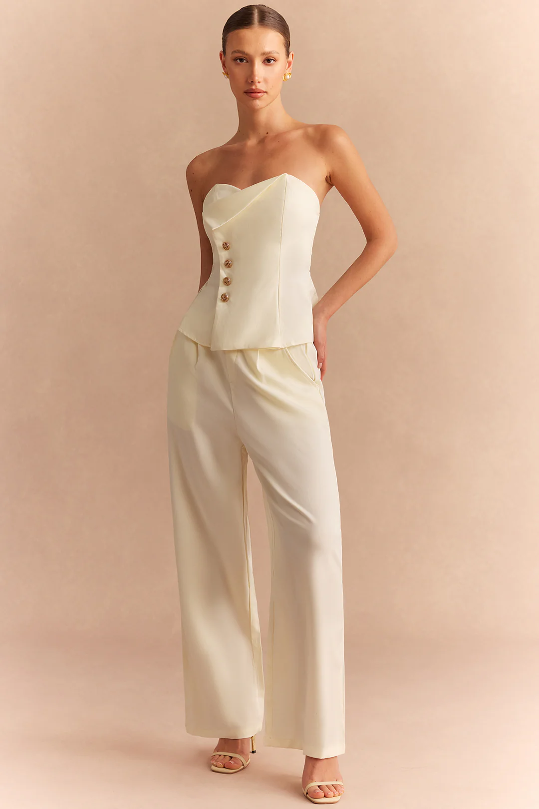 Asymmetrical Button Smocked Tube Top And Straight Leg Pants Set