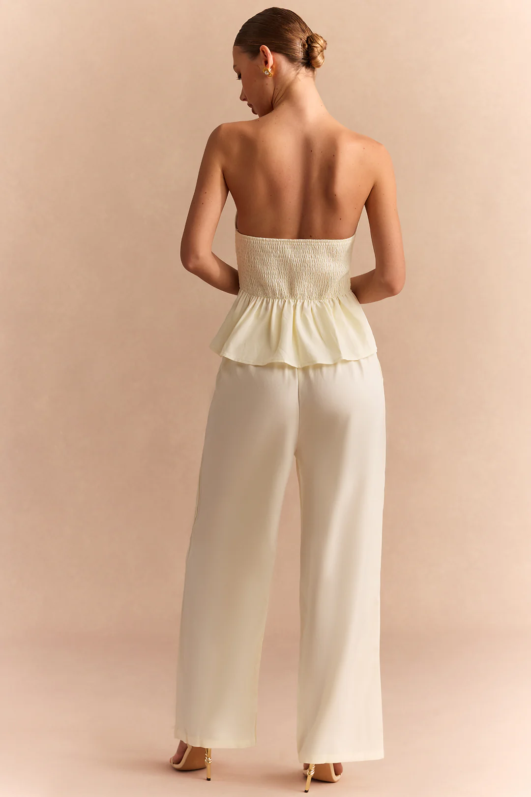 Asymmetrical Button Smocked Tube Top And Straight Leg Pants Set - Image 2
