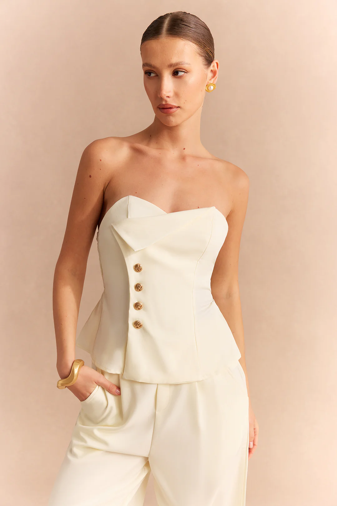 Asymmetrical Button Smocked Tube Top And Straight Leg Pants Set - Image 3