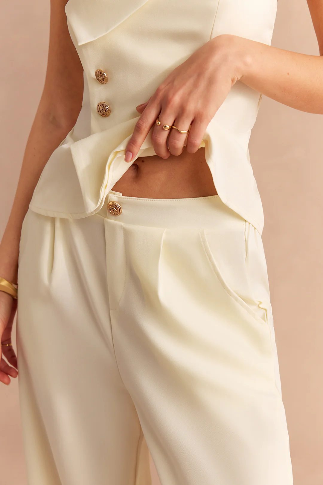 Asymmetrical Button Smocked Tube Top And Straight Leg Pants Set - Image 5