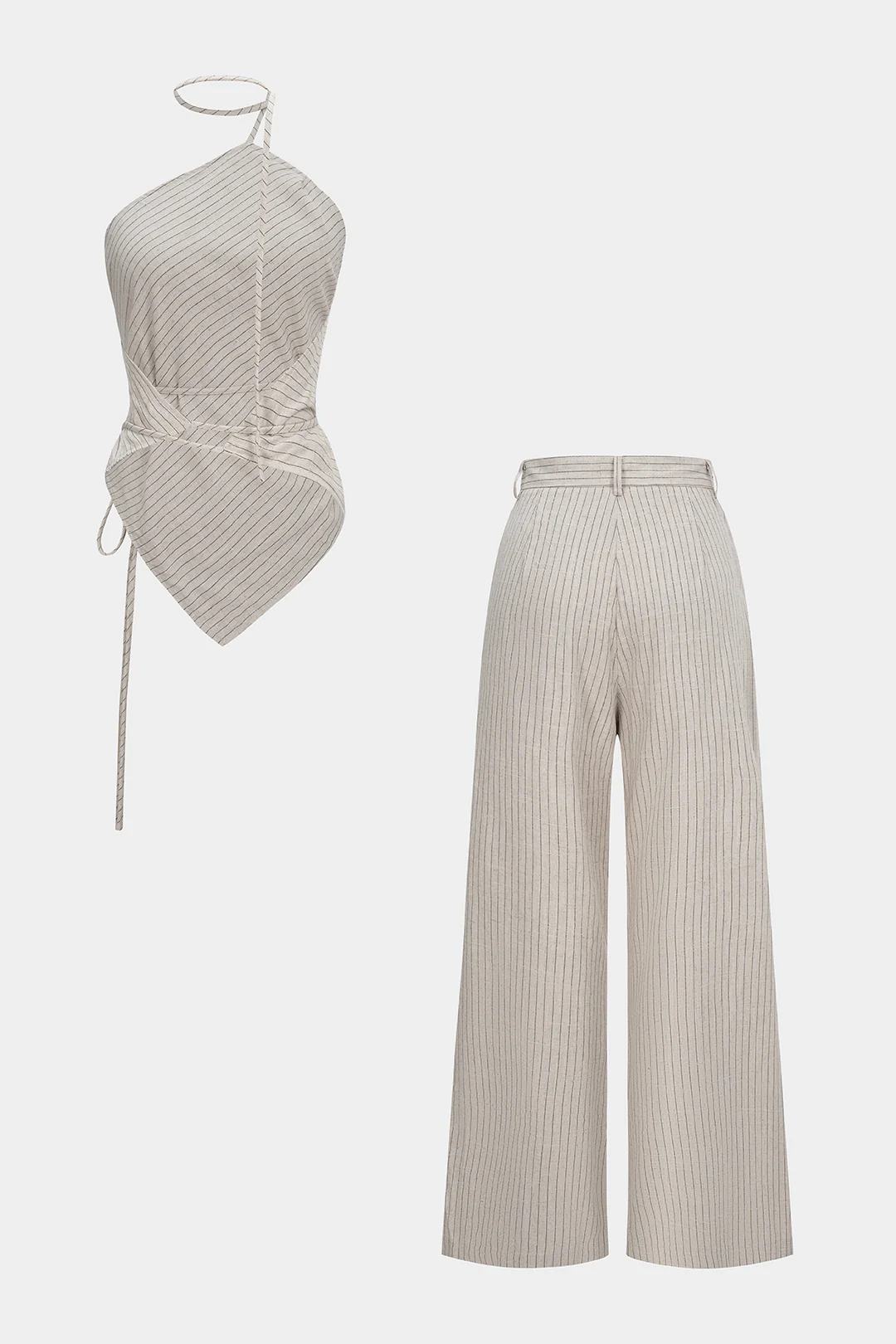 Stripes Print Halter Tie-Up Backless Top And Wide Leg Pants Set - Image 2
