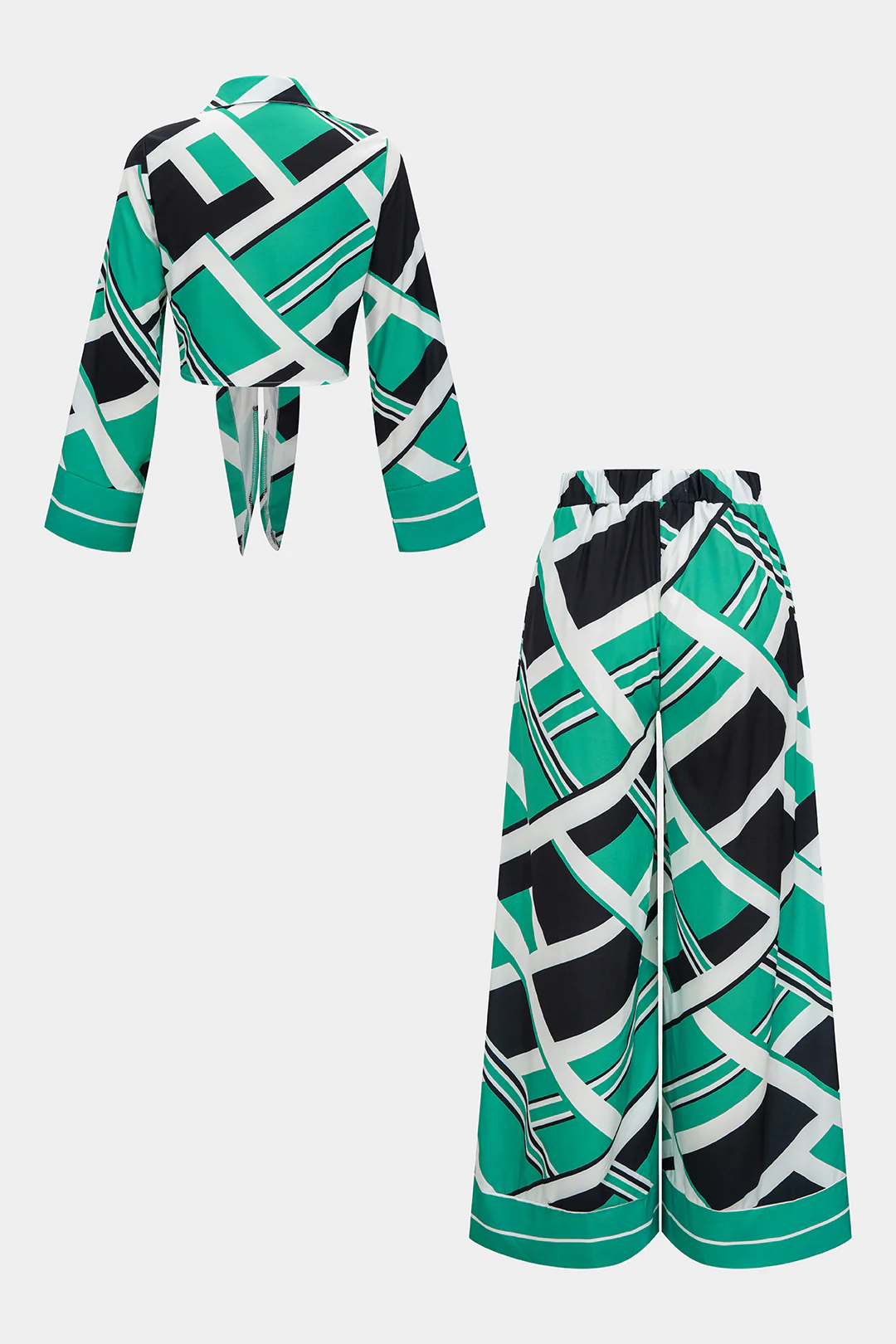Abstract Geometric Print Satin Knotted Long Sleeve Top And Wide Leg Pants Set - Image 5