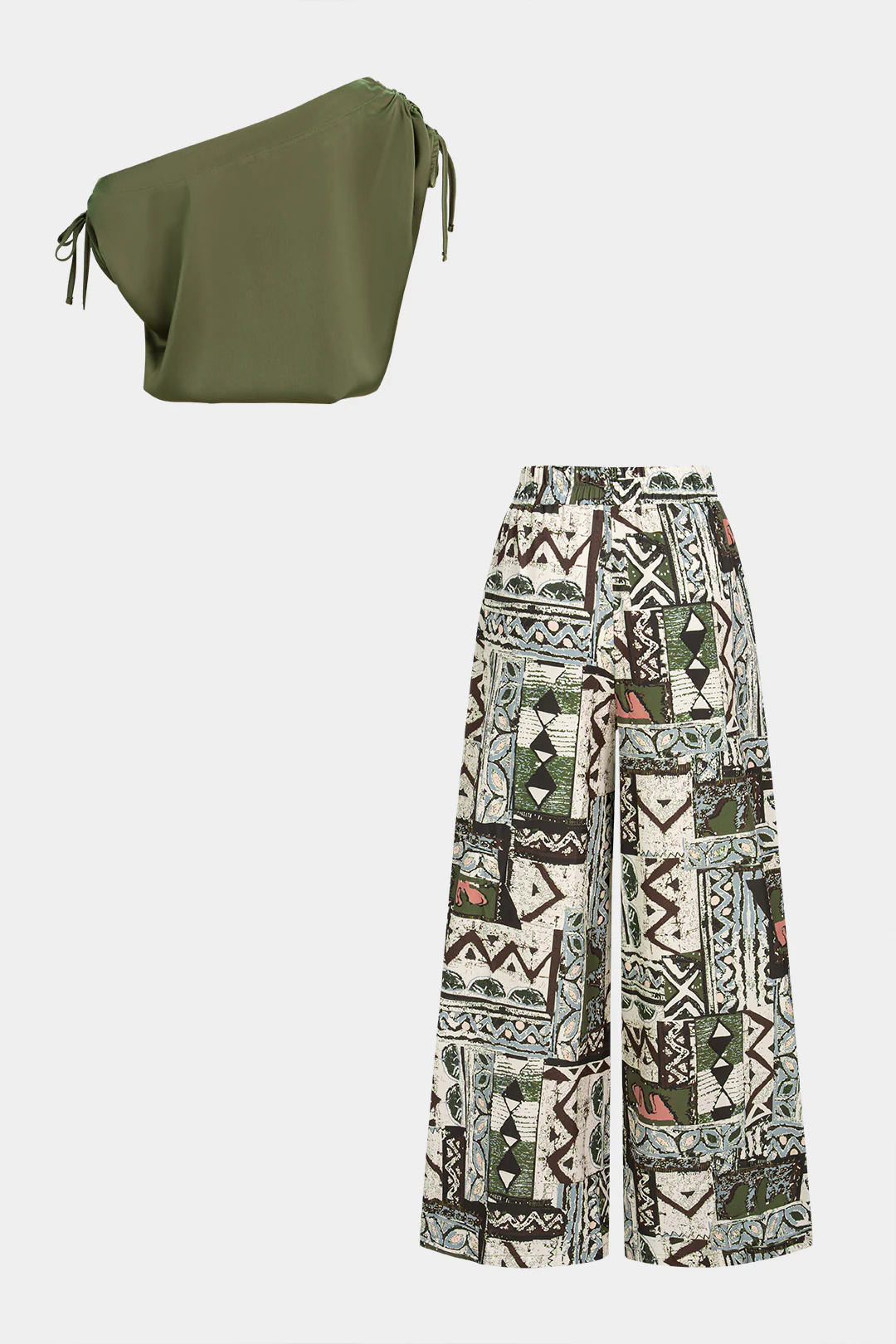 Satin One Shoulder Tie-Up Sleeveless Top And Geometric Print Wide-Leg Pants Set - Image 2