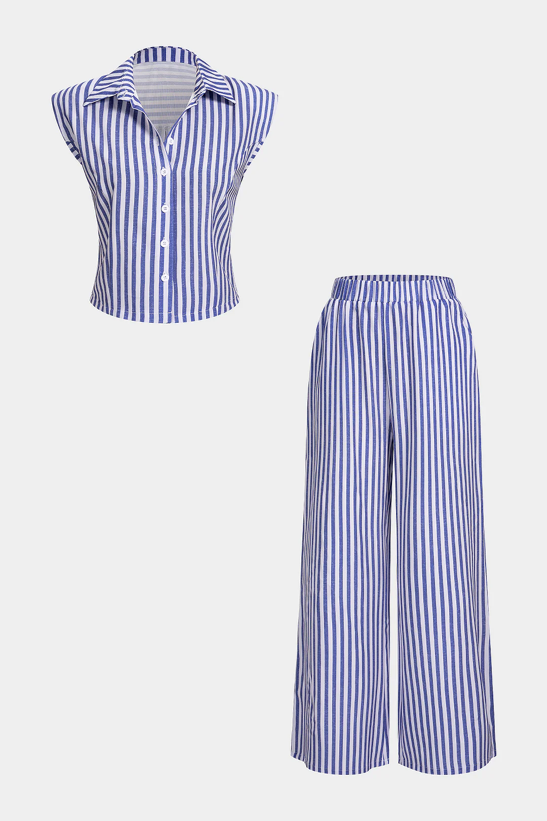Stripes Print Lapel Sleeveless Top And Wide Leg Pants Set