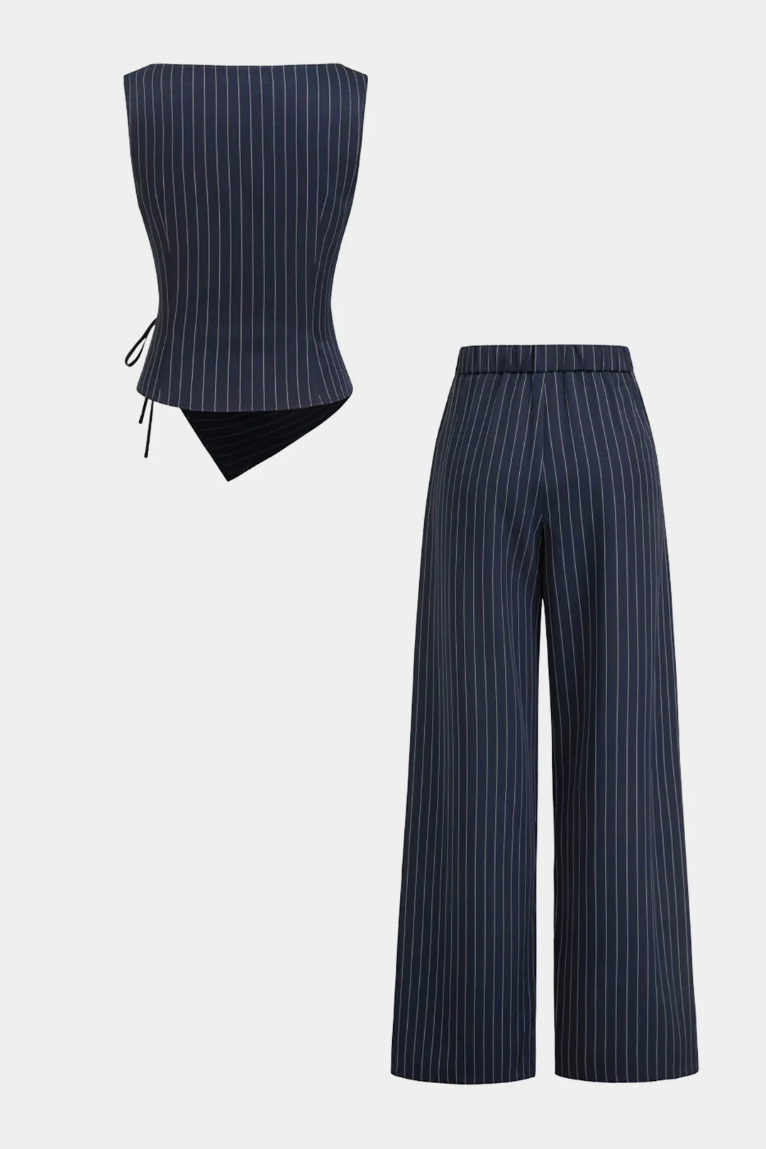 Stripes Asymmetrical Wrap Tie-Up Tank Top And Wide Leg Pants Set - Image 2