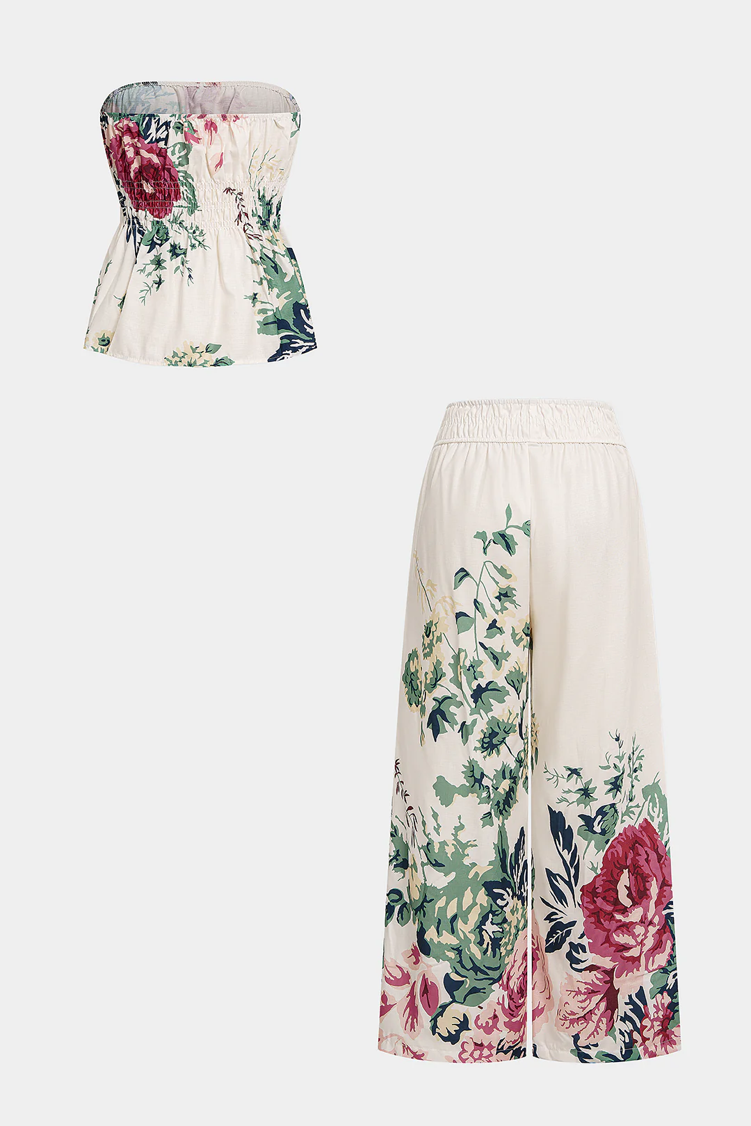 Floral Print Smocked Tube Top And Wide Leg Pants Set - Image 2