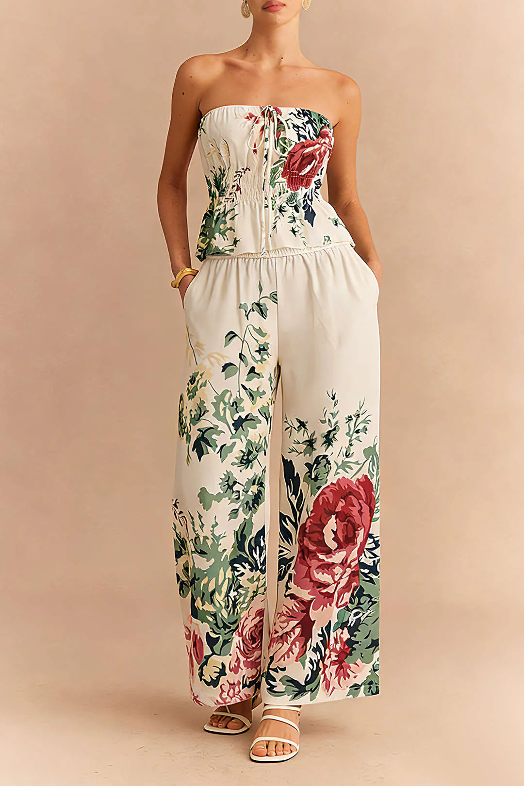 Floral Print Smocked Tube Top And Wide Leg Pants Set - Image 3