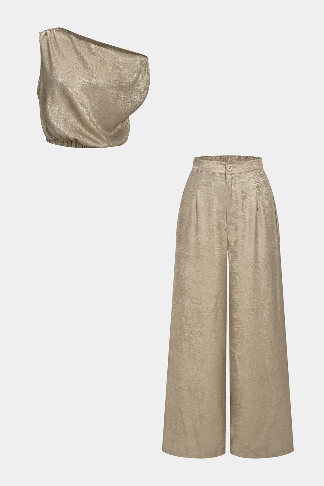 One Shoulder Asymmetrical Ruched Tank Top And Button Wide Leg Pants Set