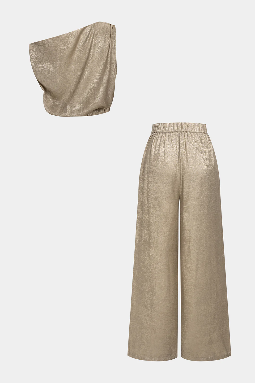 One Shoulder Asymmetrical Ruched Tank Top And Button Wide Leg Pants Set - Image 2