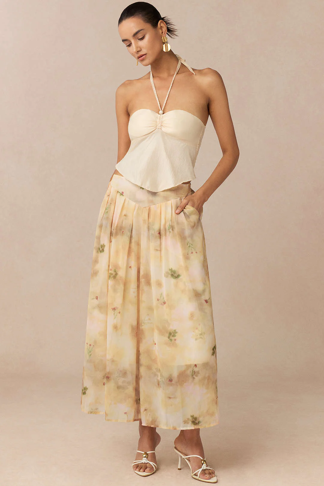 Halter Neck Tie Back Cami Top And Floral Print Wide Leg Pants