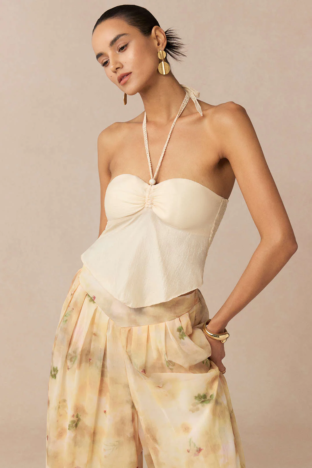 Halter Neck Tie Back Cami Top And Floral Print Wide Leg Pants - Image 3
