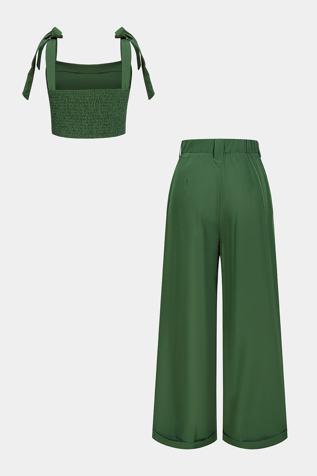 Tie-Up Button Smocked Cami Top And High Waist Wide Leg Pants Set - Image 2