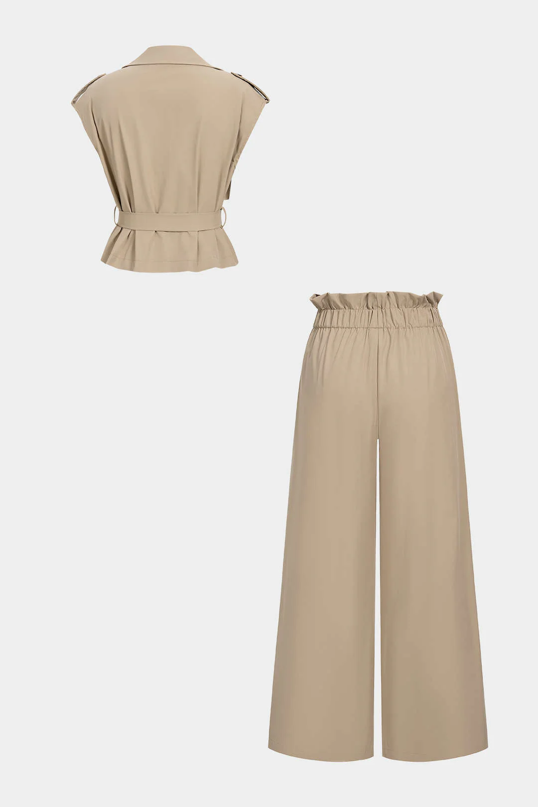 Lapel Belted Button Belted Tank Top And Straight Leg Pants Set - Image 2