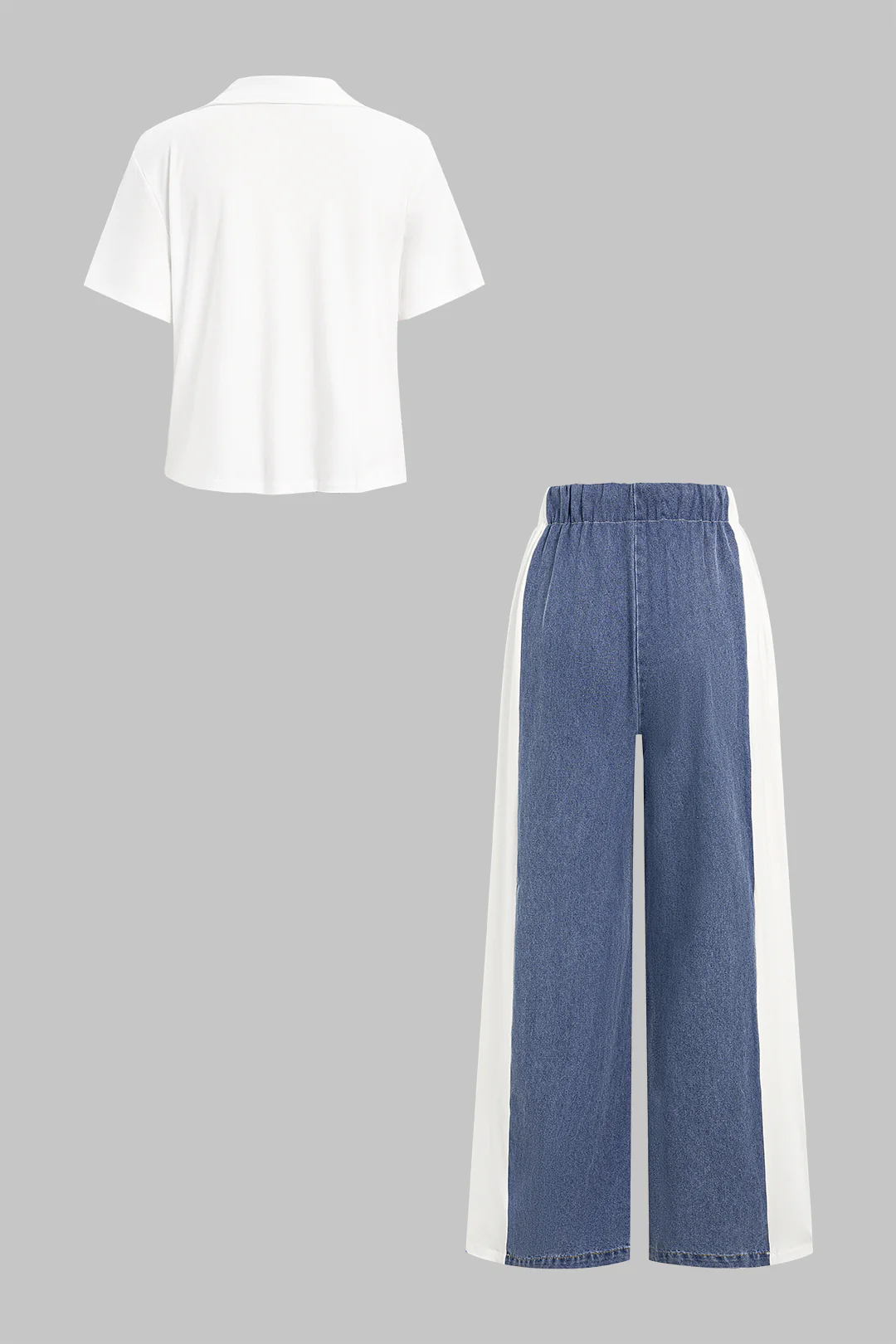 Denim Patchwork Lapel Short Sleeve Top And High Waist Wide Leg Jeans Set - Image 2