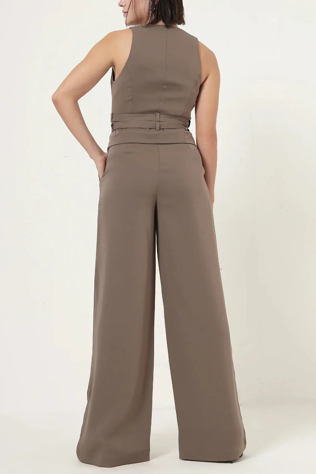 V-Neck Crossed Belted Tank Top And High Waist Pants Set - Image 2