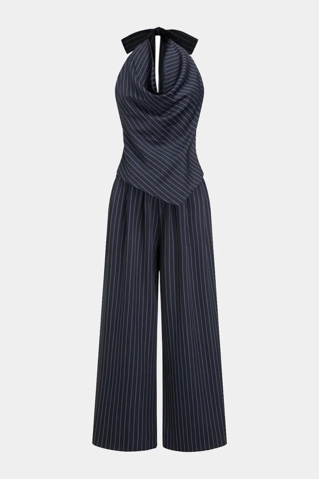 Stripes Print Halter Draped Cowl Neck Backless Tank Top And Wide Leg Pants Set