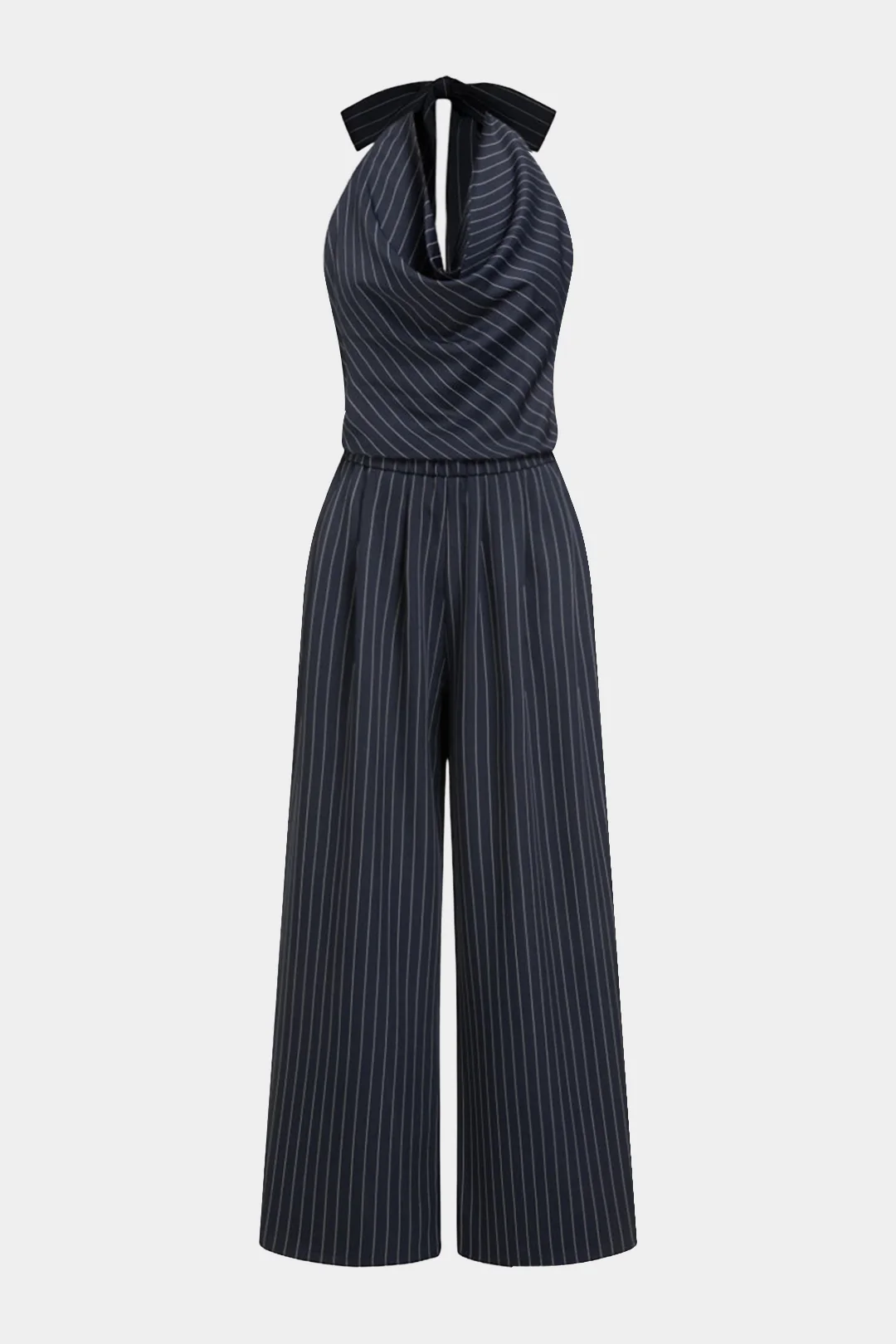 Stripes Print Halter Draped Cowl Neck Backless Tank Top And Wide Leg Pants Set - Image 2
