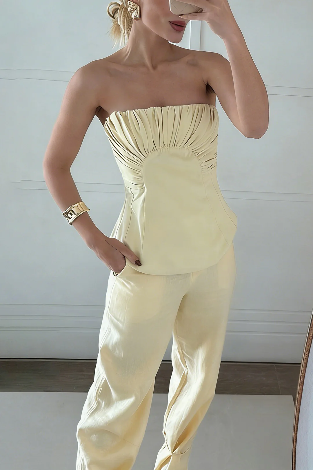 Linen Ruched Tube Top And Pocket Lantern Pants Set