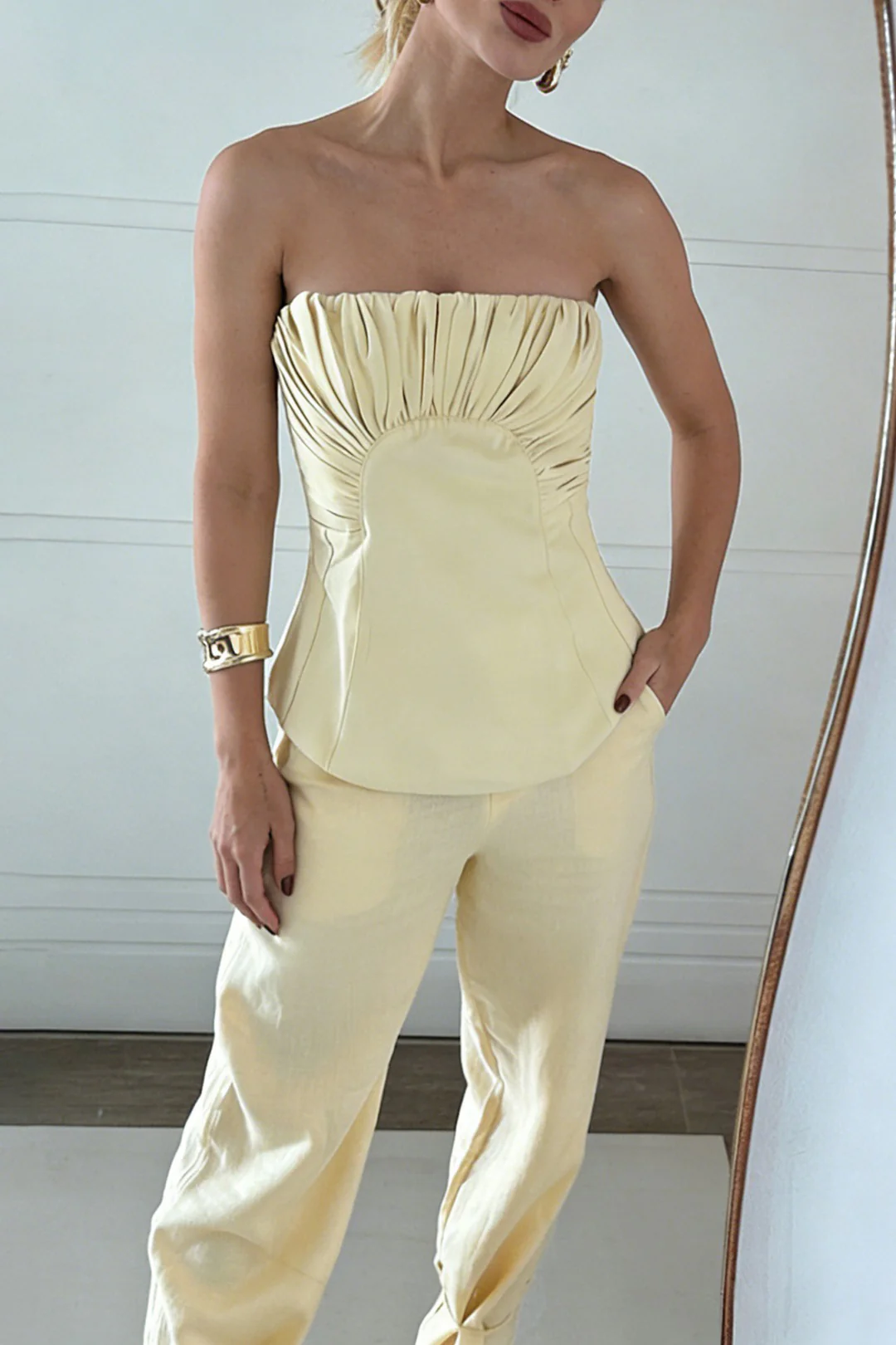 Linen Ruched Tube Top And Pocket Lantern Pants Set - Image 3