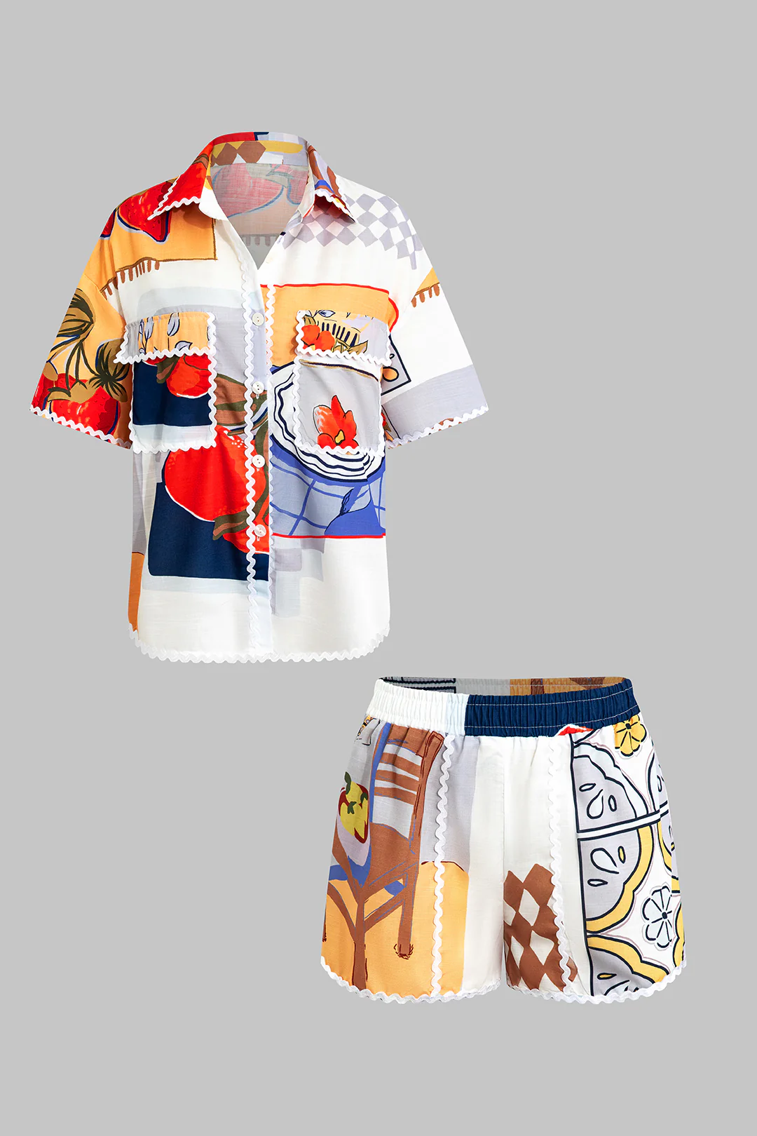 Artistic Print Lapel Seamdetail Short Sleeve Shirt And Shorts Set - Image 2