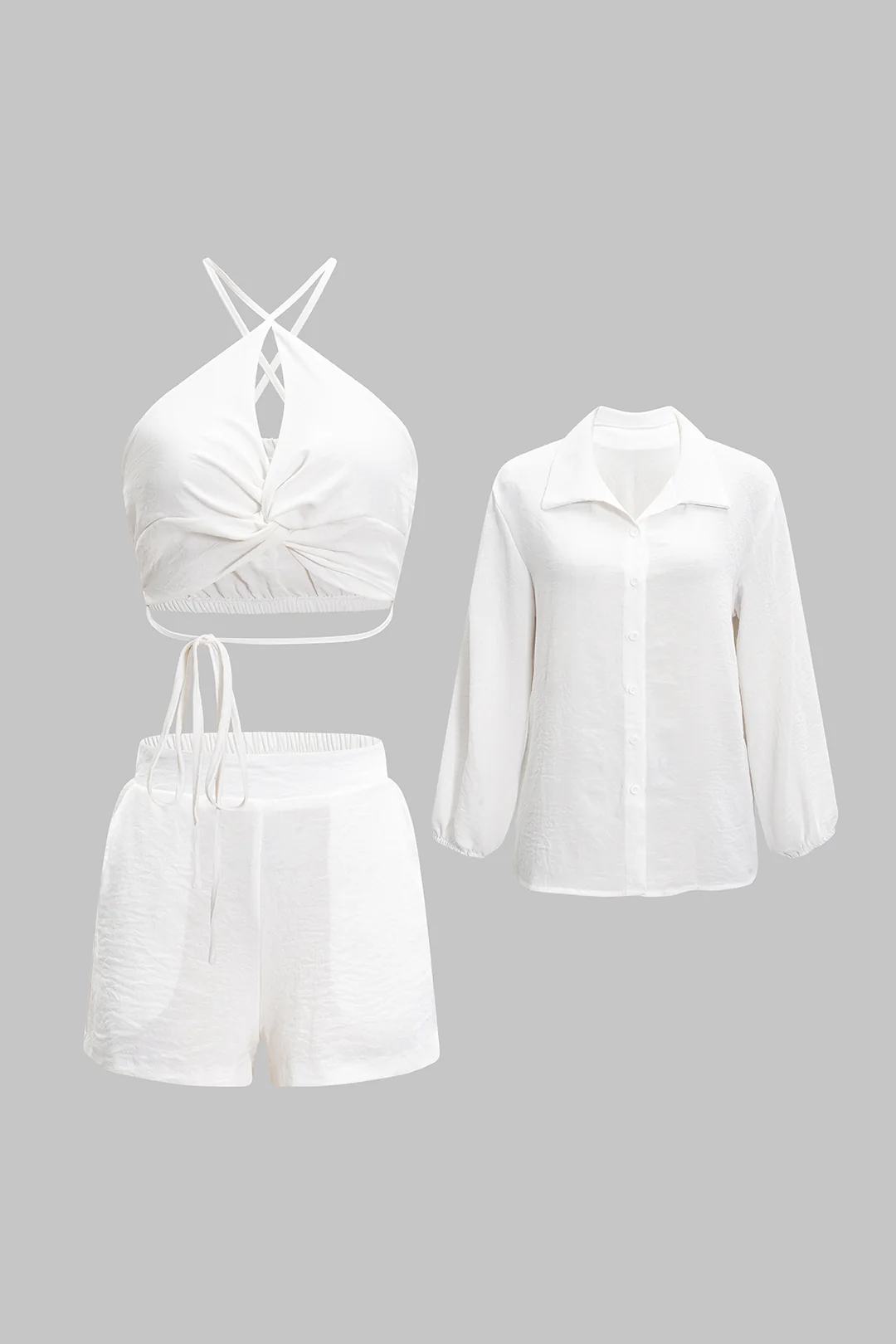 Solid Tie-Up Cut Out Cropped Top And Long Sleeve Shirt And Wide Leg Shorts Set - Image 4