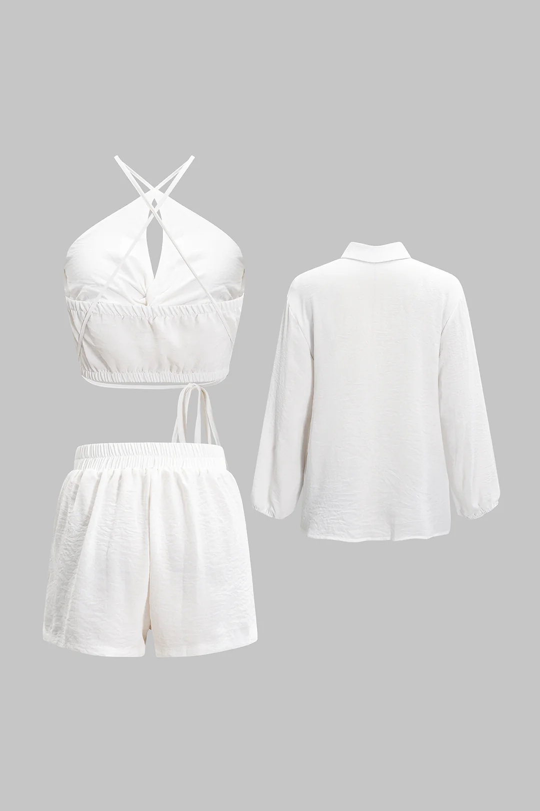 Solid Tie-Up Cut Out Cropped Top And Long Sleeve Shirt And Wide Leg Shorts Set - Image 5